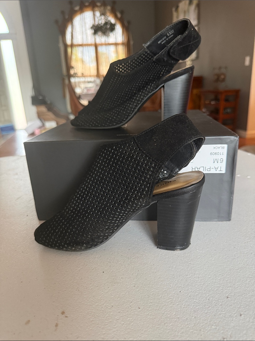 Chinese Laundry Black Perforated Suede Slingback Block Heels
